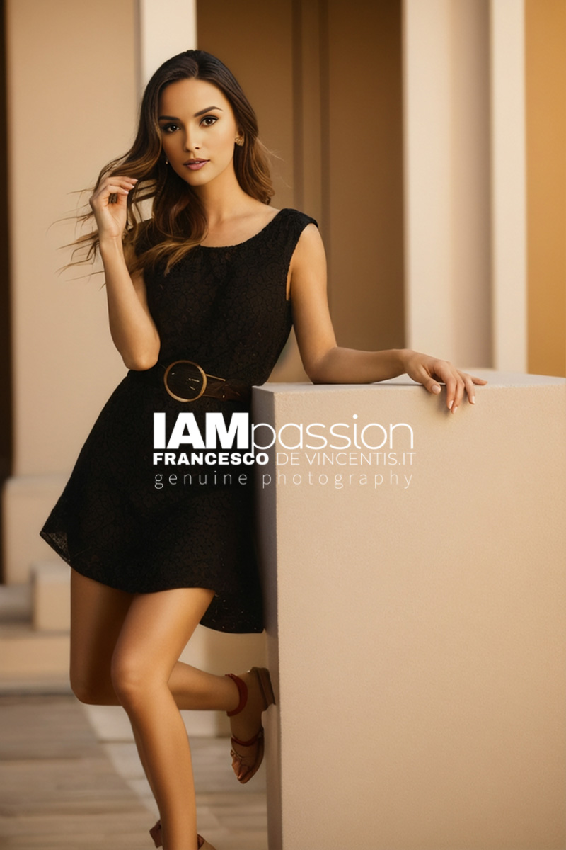 Modella AI appoggiata al muro