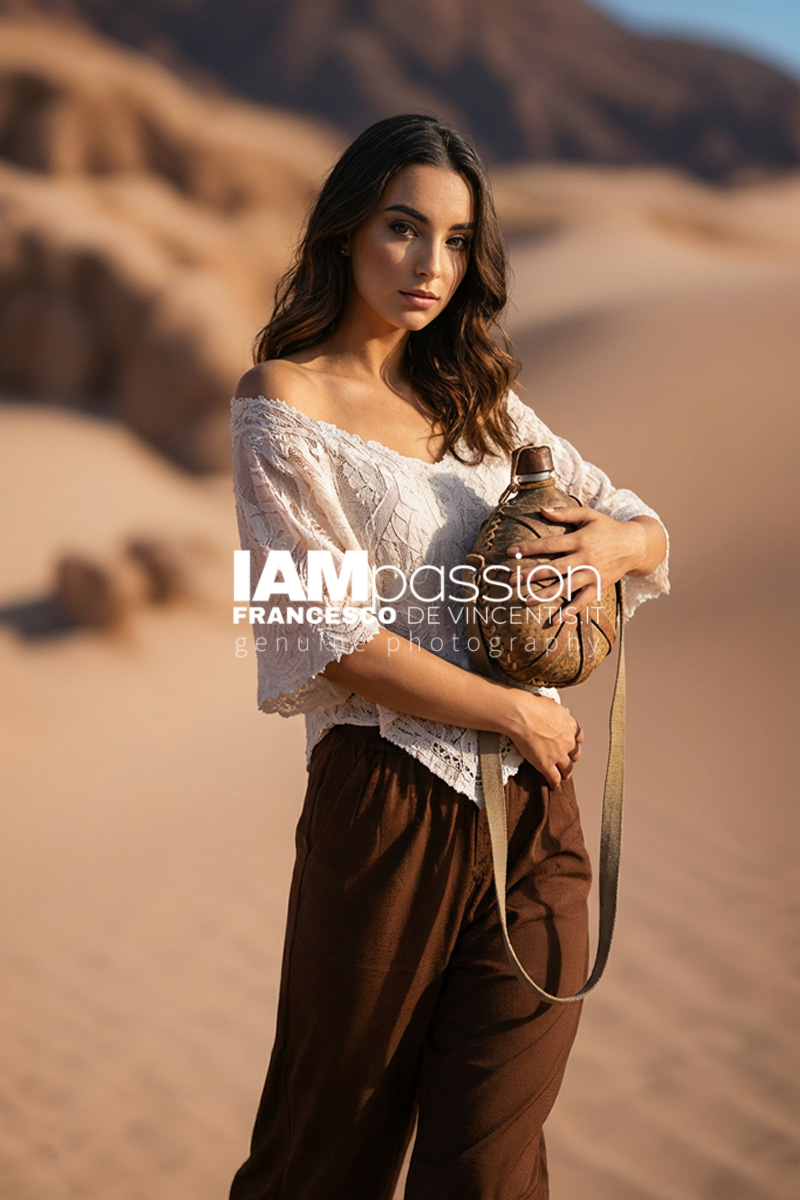 Modella nel deserto con borraccia di acqua tra le mani